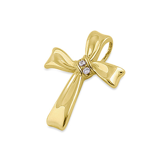 Solid 14K Yellow Gold Ribbon Cross CZ Pendant