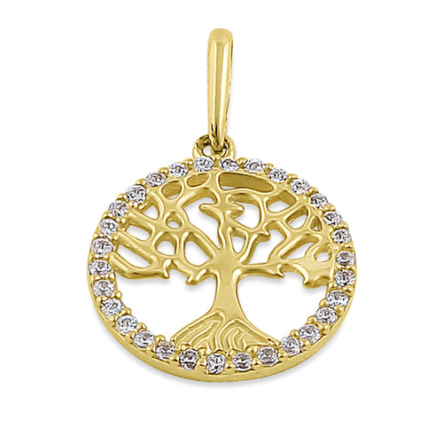 Solid 14K Yellow Gold Tree of Life CZ Pendant