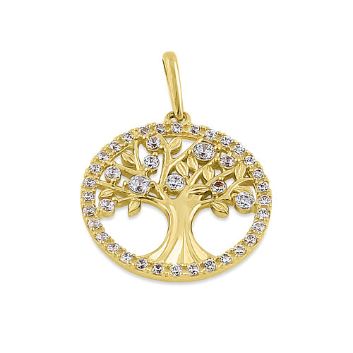 Solid 14K Yellow Gold Glitzy Tree of Life CZ Pendant