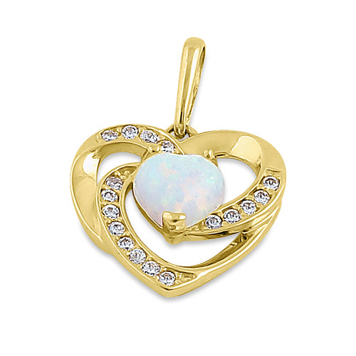 Solid 14K Yellow Gold Heart White Lab Opal CZ Pendant