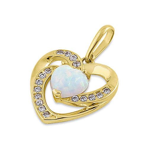 Solid 14K Yellow Gold Heart White Lab Opal CZ Pendant