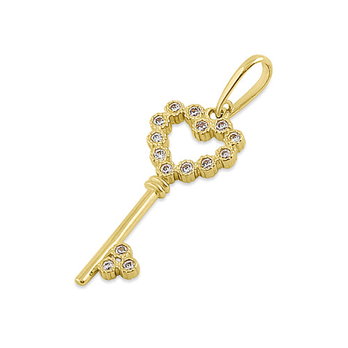 Solid 14K Yellow Gold Heart Key CZ Pendant