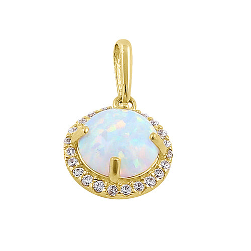 Solid 14K Yellow Gold Halo Oval White Lab Opal CZ Pendant