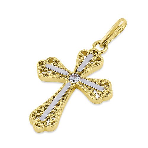 Solid 14K Yellow Gold Double Vintage Cross CZ Pendant