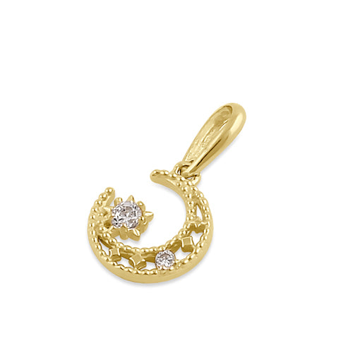 Solid 14K Gold Crescent Moon CZ Pendant