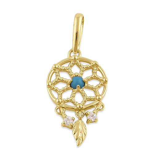 Solid 14K Gold Dream catcher CZ and Turquoise Pendant