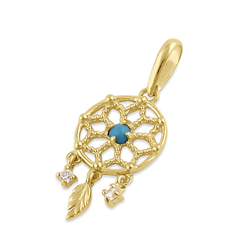 Solid 14K Gold Dream catcher CZ and Turquoise Pendant