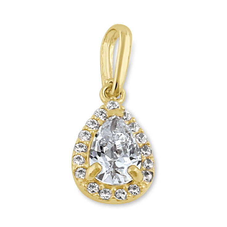 Solid 14K Gold Elegant Drop Halo with Clear CZ Pendant
