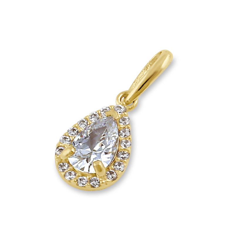 Solid 14K Gold Elegant Drop Halo with Clear CZ Pendant