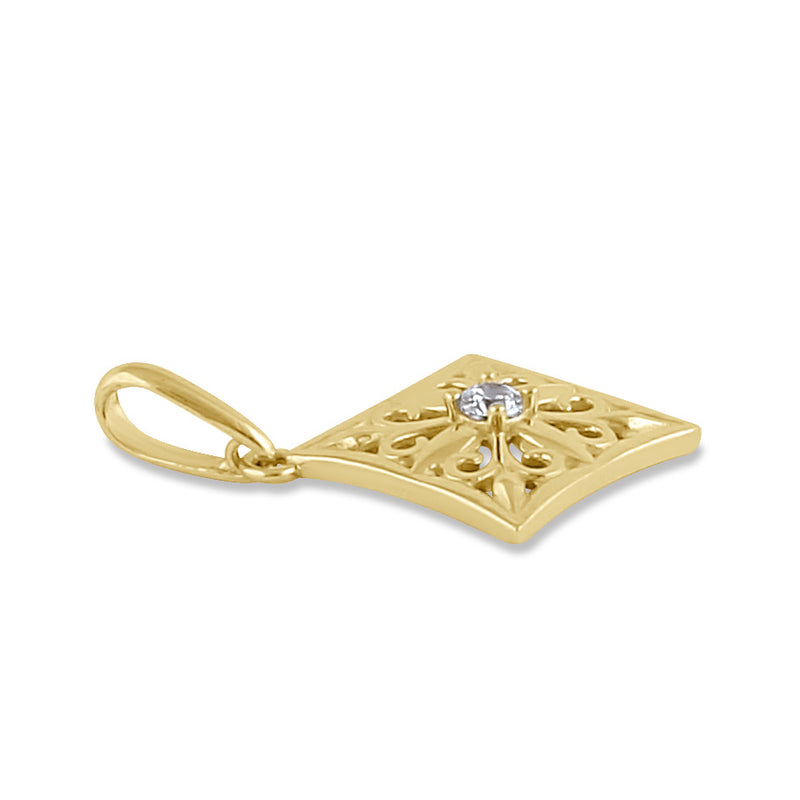 Solid 14K Gold Filigree Diamond with Clear CZ Pendant