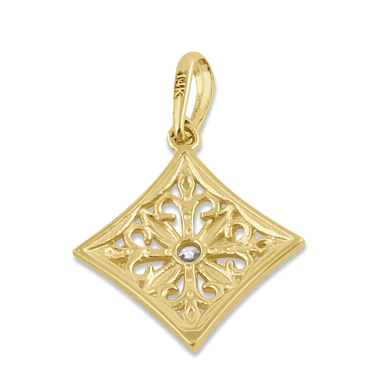 Solid 14K Gold Filigree Diamond with Clear CZ Pendant