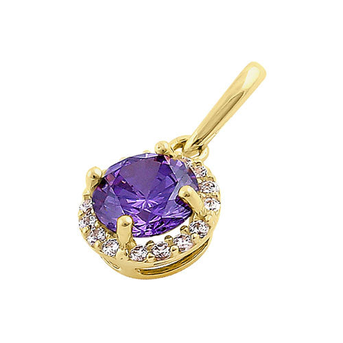 Solid 14K Yellow Gold Halo Round Amethyst CZ Pendant