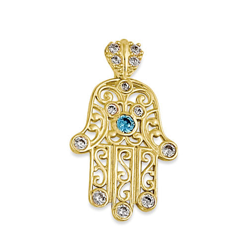 Solid 14K Gold Turquoise and Clear CZ Hamsa Pendant