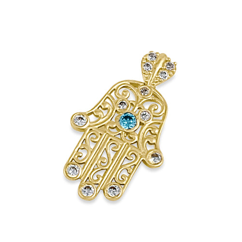 Solid 14K Gold Turquoise and Clear CZ Hamsa Pendant