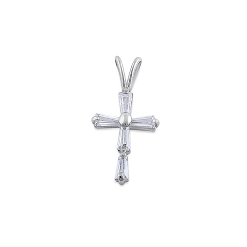 Solid 14K White Gold Baguette Straight Clear CZ Cross Pendant