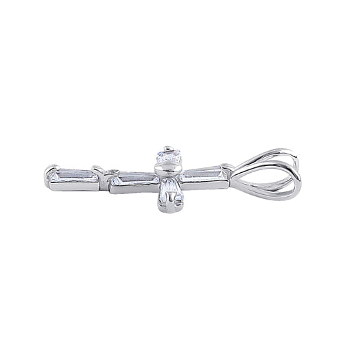 Solid 14K White Gold Baguette Straight Clear CZ Cross Pendant