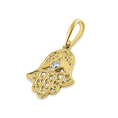 Solid 14K Yellow Gold Hamsa CZ Pendant