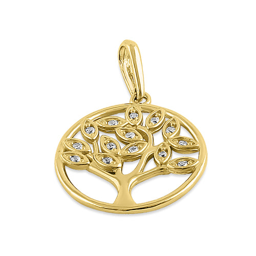 Solid 14K Yellow Gold Plain Tree of Life CZ Pendant