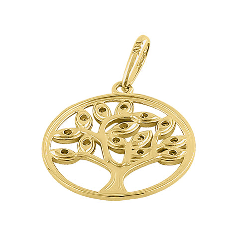 Solid 14K Yellow Gold Plain Tree of Life CZ Pendant