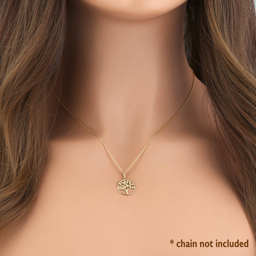 Solid 14K Yellow Gold Plain Tree of Life CZ Pendant