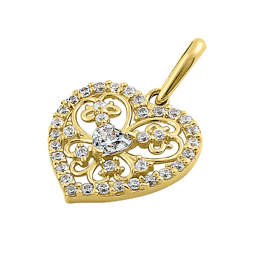 Solid 14K Yellow Gold Graceful Heart Cut CZ Pendant