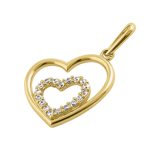 Solid 14K Yellow Gold Inner Heart CZ Pendant