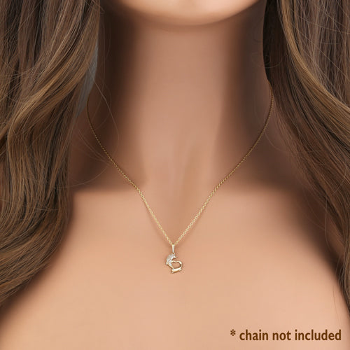 Solid 14K Yellow Gold Double Dolphin Heart CZ Pendant