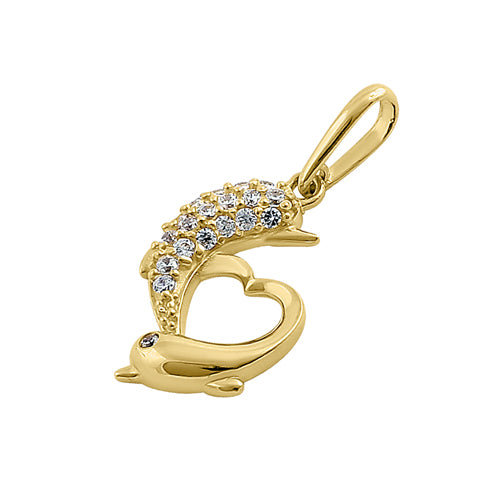 Solid 14K Yellow Gold Double Dolphin Heart CZ Pendant