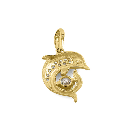 Solid 14K Yellow Gold Dolphin CZ Pendant