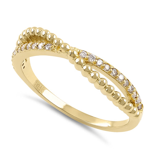 Solid 14K Yellow Gold Bead and Diamond Crossover X Ring