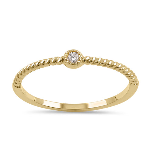 Solid 14K Yellow Gold Thin Stackable Rope and Diamond Ring