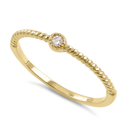 Solid 14K Yellow Gold Thin Stackable Rope and Diamond Ring