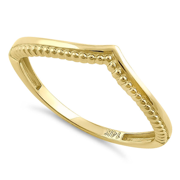 Solid 14K Yellow Gold Beaded V Shape Ring