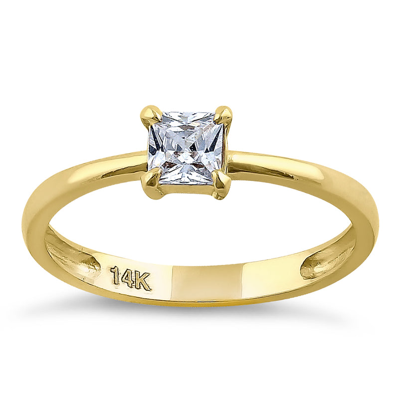 Solid 14K Yellow Gold Solitaire Princess Cut CZ Engagement Ring