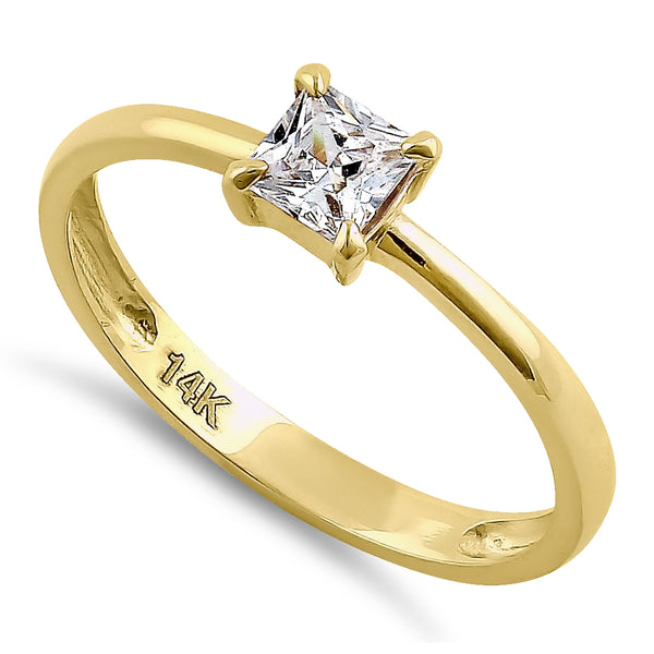 Solid 14K Yellow Gold Solitaire Princess Cut CZ Engagement Ring