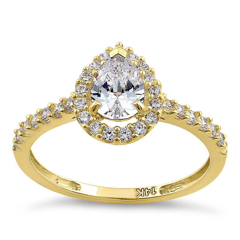 Solid 14K Yellow Gold Pear Cut Halo CZ Engagement Ring