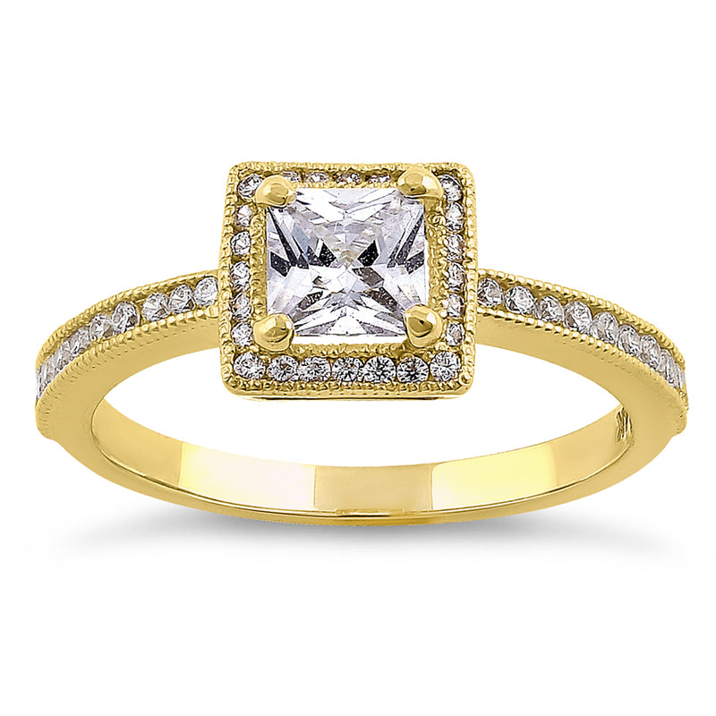 Solid 14K Yellow Gold Princess Cut Frame Halo CZ Engagement Ring