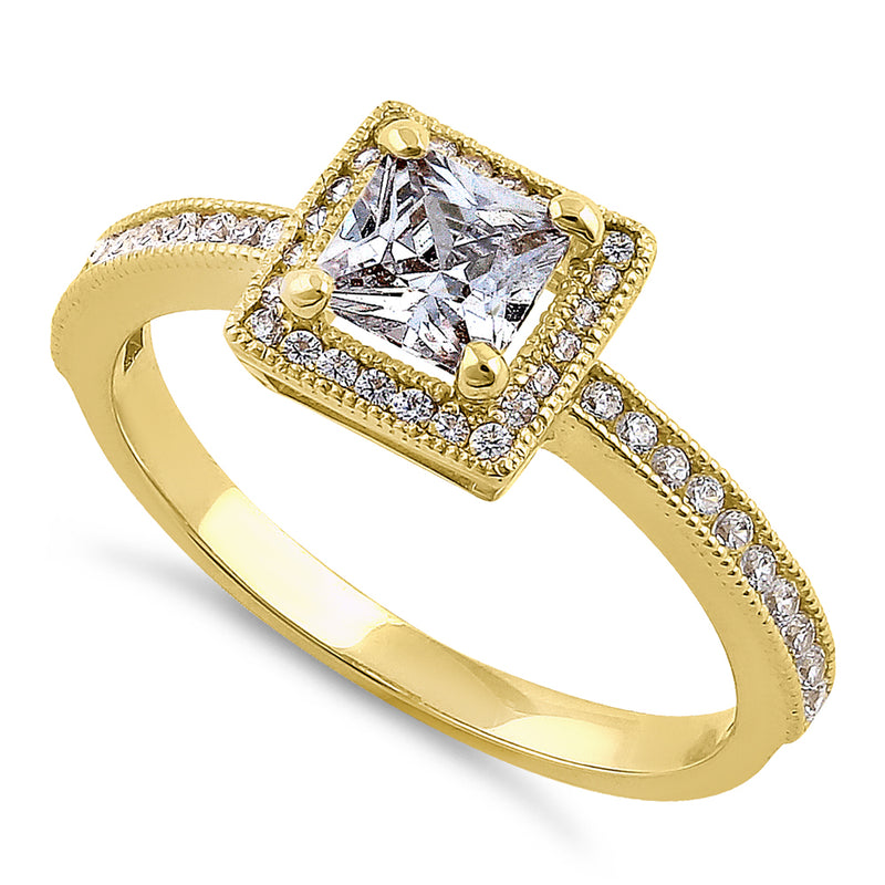 Solid 14K Yellow Gold Princess Cut Frame Halo CZ Engagement Ring