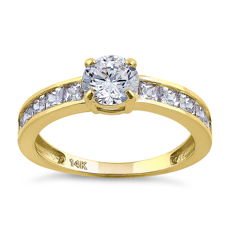 Solid 14K Yellow Gold Round & Princess Cut CZ Engagement Ring