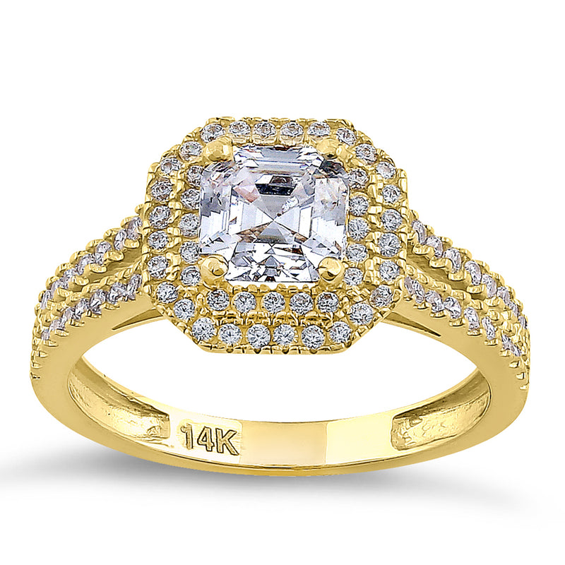 Solid 14K Yellow Gold Asscher Cut Double Halo CZ Engagement Ring