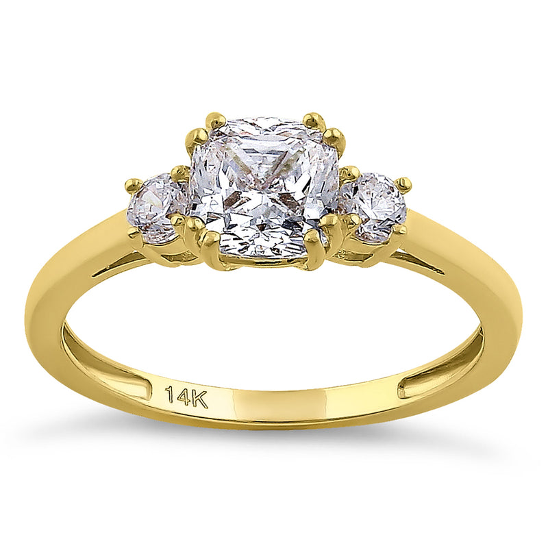 Solid 14K Yellow Gold Cushion Cut Triple CZ Engagement Ring