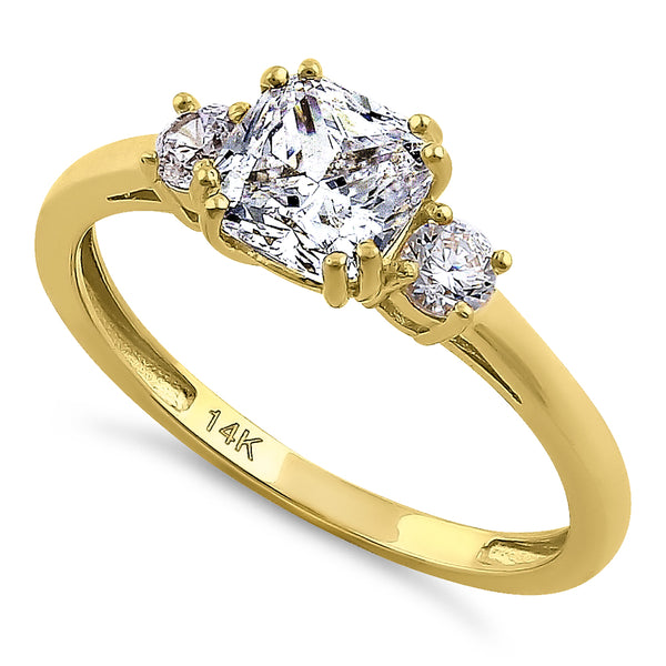 Solid 14K Yellow Gold Cushion Cut Triple CZ Engagement Ring
