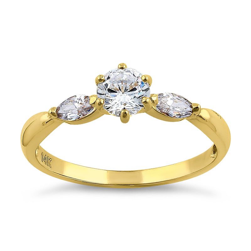 Solid 14K Yellow Gold Round & Marquise Cut CZ Engagement Ring