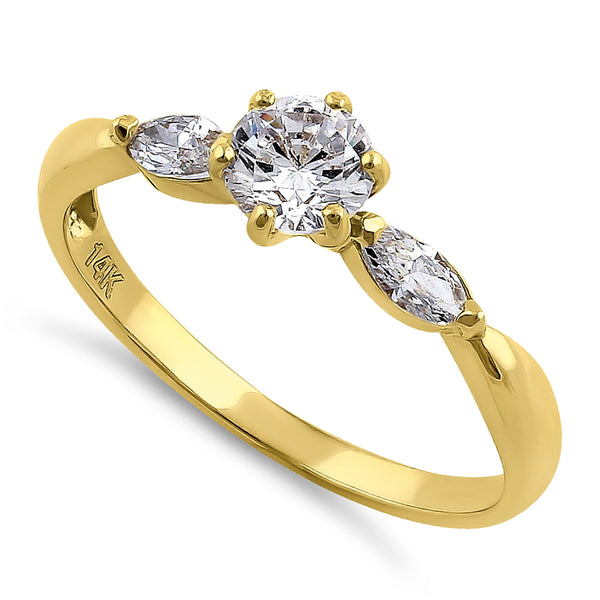Solid 14K Yellow Gold Round & Marquise Cut CZ Engagement Ring