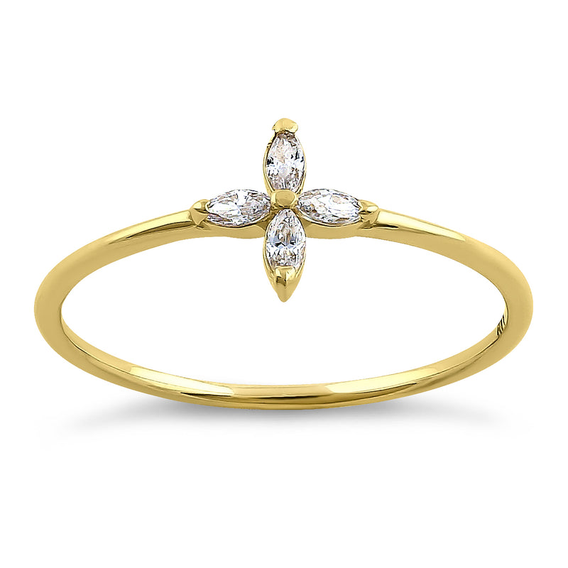 Solid 14K Yellow Gold Cross Marquise Cut CZ Ring