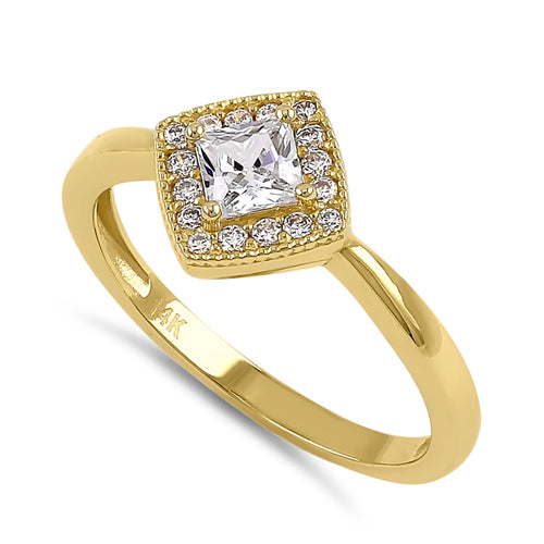 Solid 14K Yellow Gold Princess Diamond Halo CZ Ring