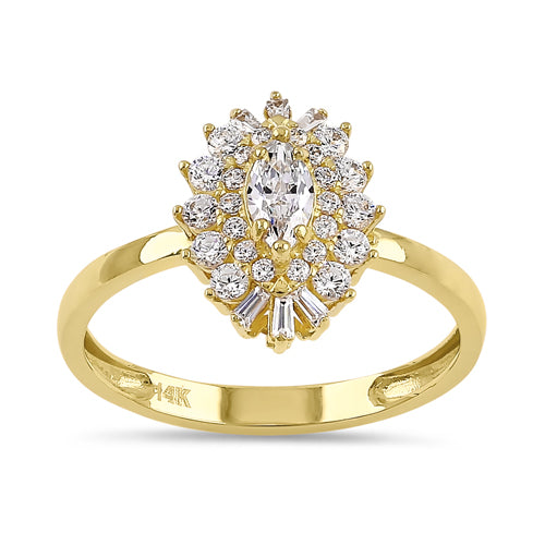 Solid 14K Yellow Gold Elegant Marquise CZ Halo Ring