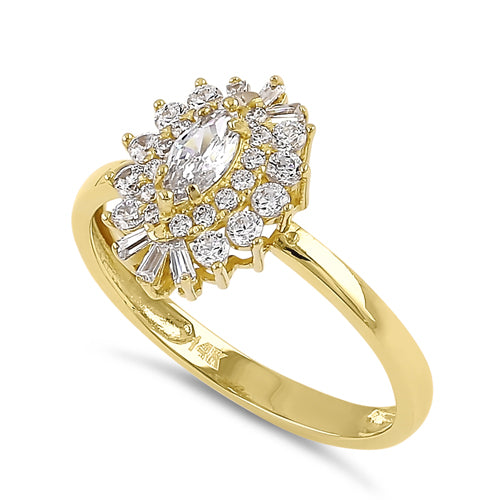 Solid 14K Yellow Gold Elegant Marquise CZ Halo Ring