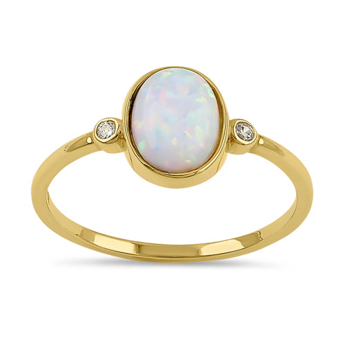 Solid 14K Yellow Gold Oval Opal CZ Ring