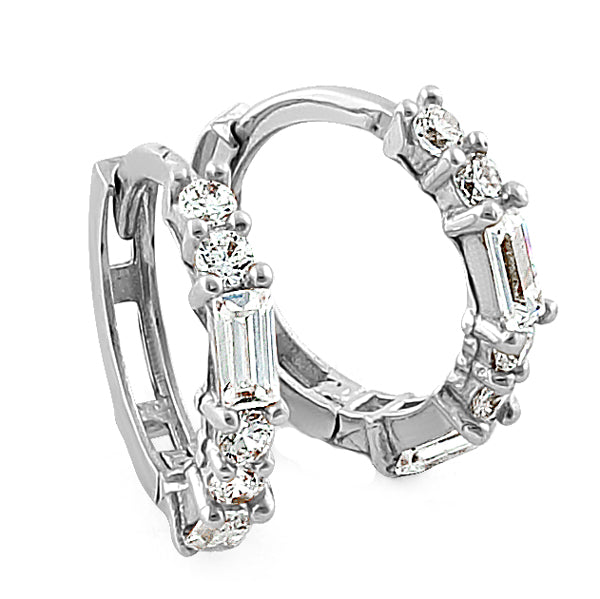 Solid 14K White Gold Round & Baguette Straight CZ Hoop Earrings